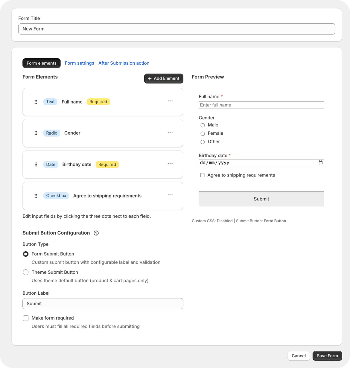 Storefront form example