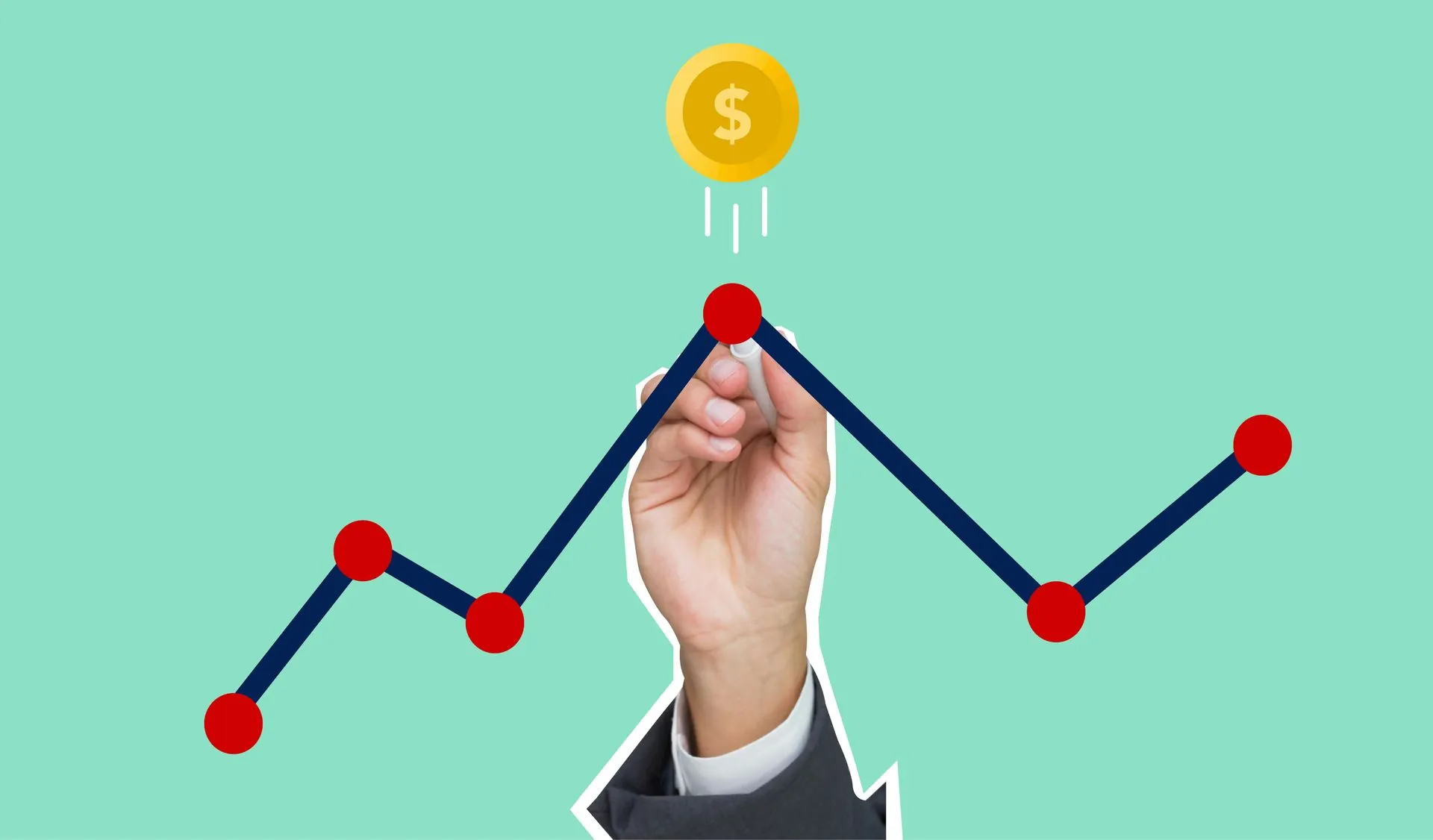 Hand drawing a rising sales line towards a gold dollar coin